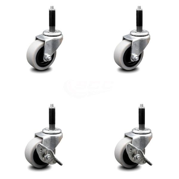 2 Inch Thermoplastic Wheel 3/4 Inch Expanding Stem Caster Set with 2 Brakes